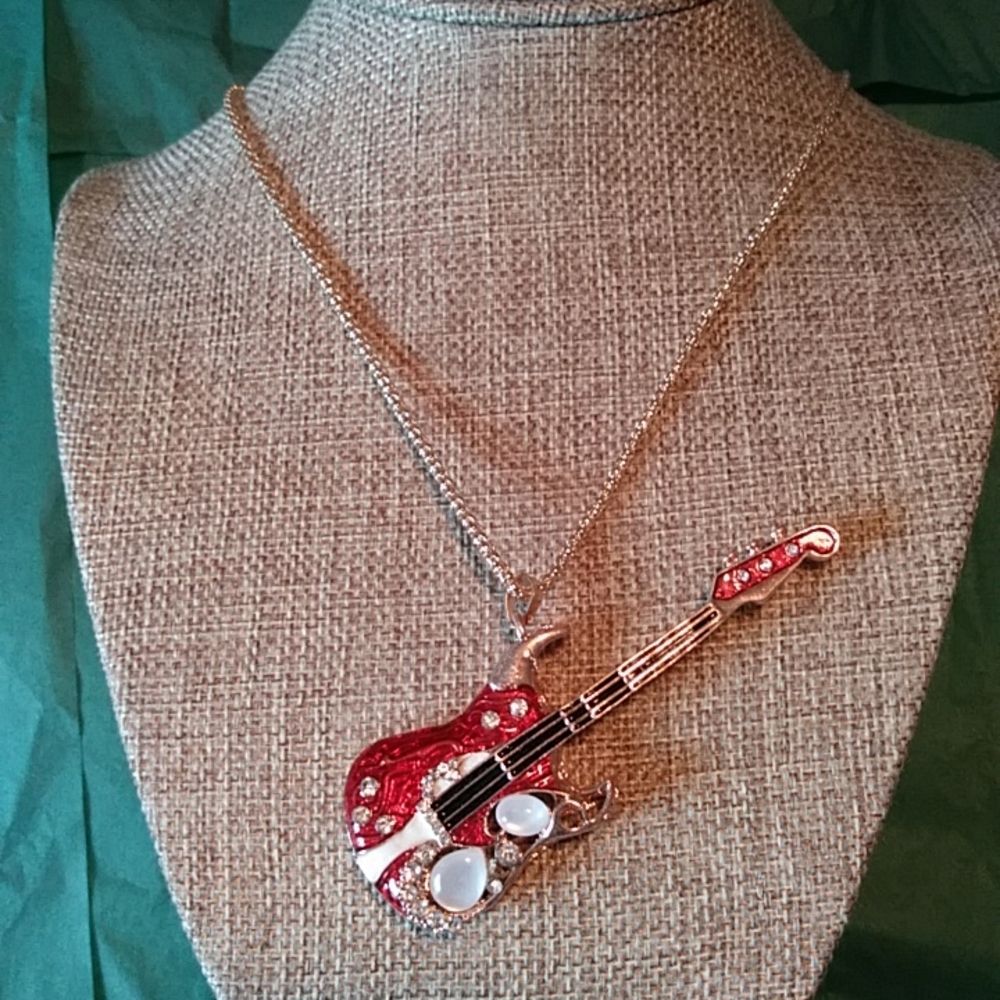 Betsey Johnson Red Enamel Crystal Guitar Pendant Necklace
